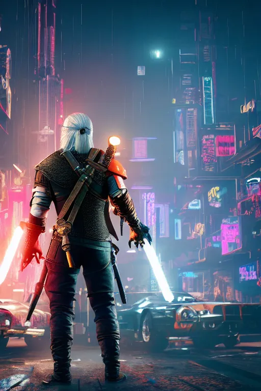 Image similar to geralt of rivia in cyberpunk 2 0 7 7, medium shot, background is filled with neon lights and futuristic vehicles, trending on artstation, ultra realistic, 4 k