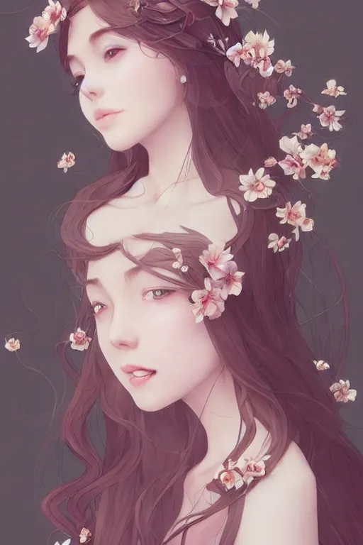 Image similar to romantic and fashion and love princess of the flower with sheath dress, 8 k realistic, teenager girl, baroque, symmetrical, flowing hair, smile, trending pinterest and pixiv, muted colors, hyperrealistic, l close up shot, character concept art, face by kyoung hwan kim, alexandra fomina, ilya kuvshinov