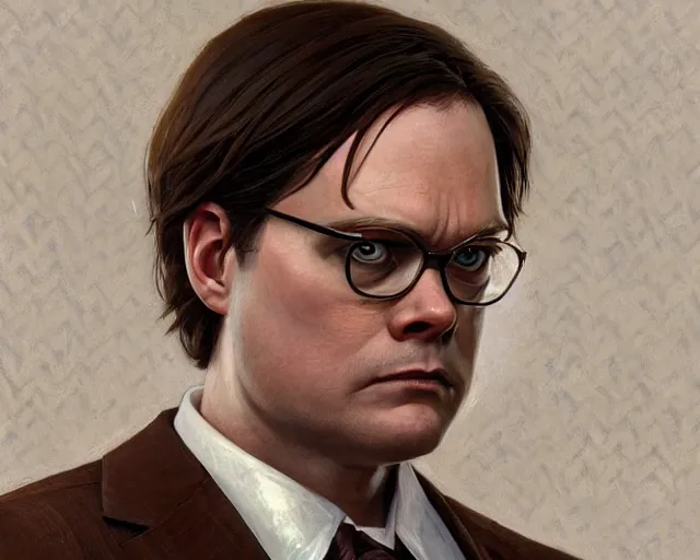 Image similar to close up of dwight schrute wearing a brown suit and necktie, focus, d & d, intricate, elegant, highly detailed, digital painting, artstation, concept art, matte, sharp focus, illustration, hearthstone, art by artgerm and greg rutkowski and alphonse mucha