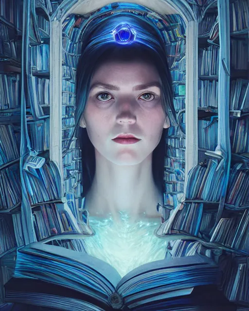 Image similar to highly detailed surreal vfx portrait of a female mage with a blue cape in a labyrinth of books, stephen bliss, unreal engine, greg rutkowski, loish, rhads, beeple, makoto shinkai and lois van baarle, ilya kuvshinov, rossdraws, tom bagshaw, alphonse mucha, global illumination, detailed and intricate environment