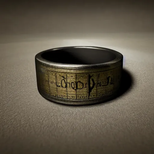 Image similar to the ring from lord if the rings with an imprinted ruler, cm scale imprinted on the inside of the ring, one ring to rule them all, dark background, highly detailed, 8 k, trending on artstation, mystic, rpg artwork, by peter jackson, by sauron