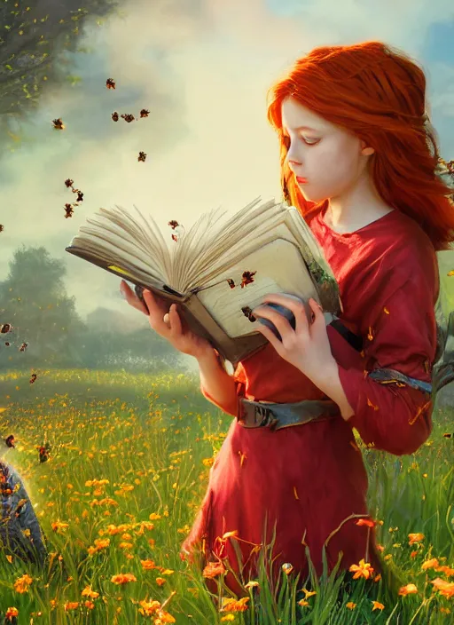 Image similar to An epic fantasy comic book style portrait painting of a young red headed girl reading a book in a field of flowers surrounded by bees, unreal 5, DAZ, hyperrealistic, octane render, cosplay, RPG portrait, dynamic lighting