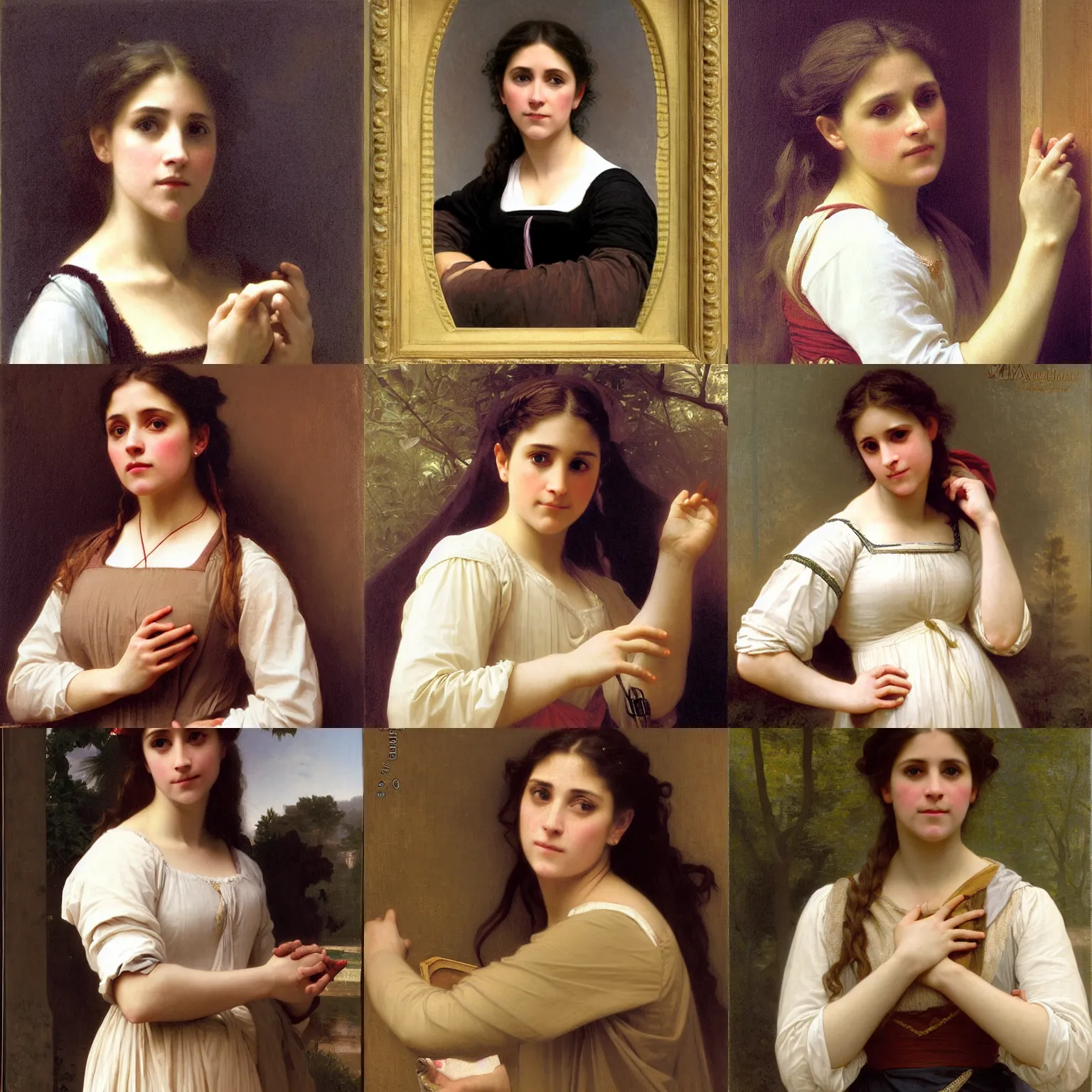 Prompt: portrait by william adolphe bouguereau of pam beesly in medieval clothes looking at herreflection , surprised expression, pulling her clothes with her hands, detailed face