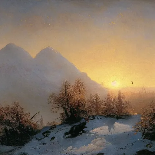 Prompt: an oil painting of a vivid apline tundra on a beautiful dawn by tuomas korpi carl spitzweg and greg rutkowski