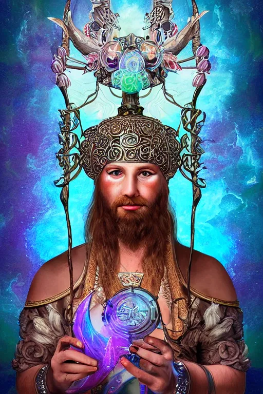 Image similar to opalescent retrofuturistic digital airbrush illustration of a viking wearing an ornate gpu headpiece and holding a flower with a map of the collective subconscious in the background by luigi patrignani