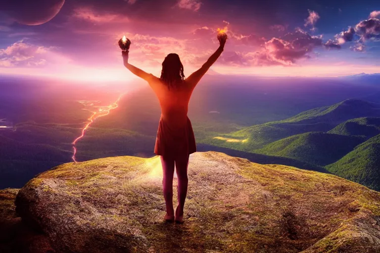 Image similar to painting of a mystical creature holding a source of light in her hands she is on top of a mountain, contemplating her existence in a beautiful sunset near dusk, cinematic composition