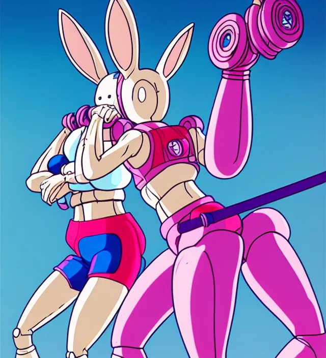 Image similar to retrowave robot rabbit girl in workout clothes, carrying eletro - whip, animation character design by akira toriyama, don bluth, jack kirby, alex toth, hasbro, action - adventure, sharp detail, artstation trending, conceptart. com