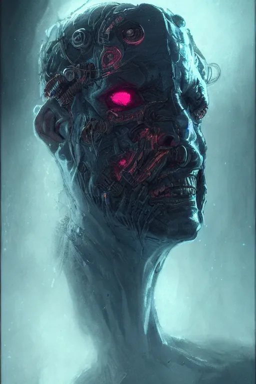 Image similar to realistic portrait beautiful concept art of mephisto scene when vomit and turns into cyborg. horror, created by gustave dore and greg rutkowski, high detailed, smooth draw, synthwave neon retro, intricate, trending on artstation.