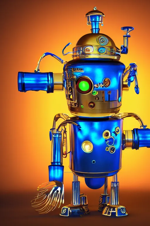 Image similar to portrait photo of a giant golden and blue metal steampunk kitchen robot cook chef with pots and pans and tubes, wearing a big chef hat, eyes are green lights, shiny crisp finish, 3 d render, 8 k, insaneley detailed, fluorescent colors, background is multicolored lasershow