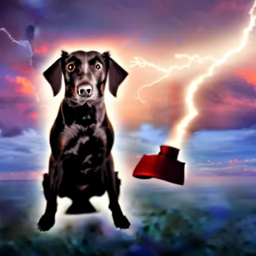 Prompt: a canine thor holding thor's hammer with its paw, dramatic lightning background