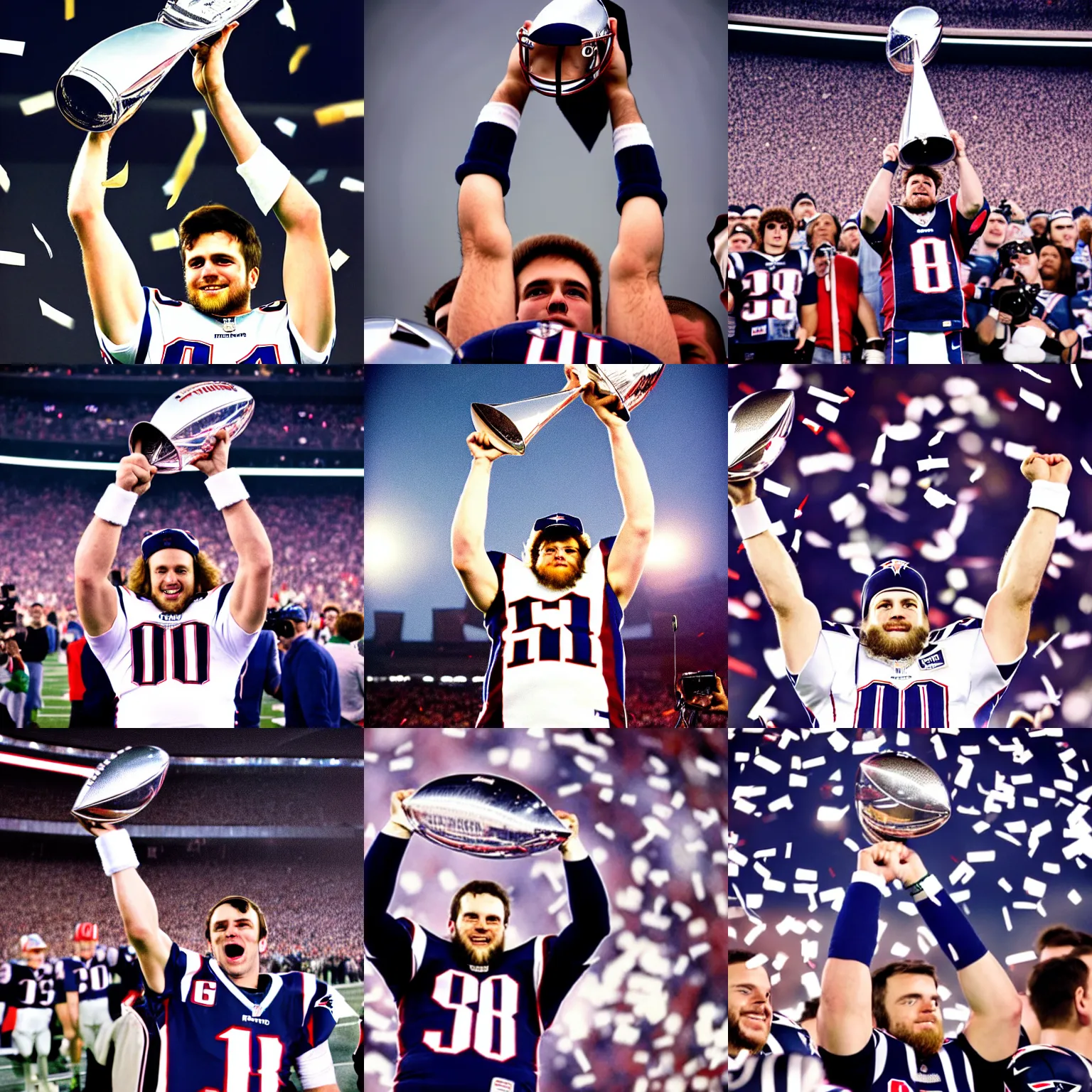 Prompt: portrait of new england patriots qb mac jones lifting super bowl lombardi trophy, 5 0 mm lens