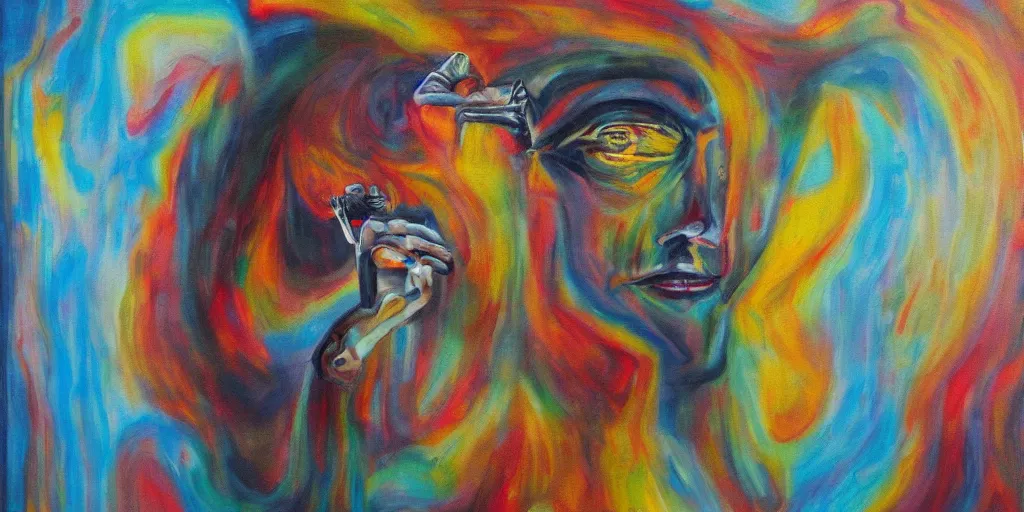 Image similar to interdimensional abstract painting of a man removing a nail from his third eye