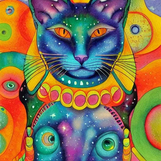 Prompt: a cosmic Siamese cat with galaxies swirling in her eyes, watercolor by Louis William Wain,