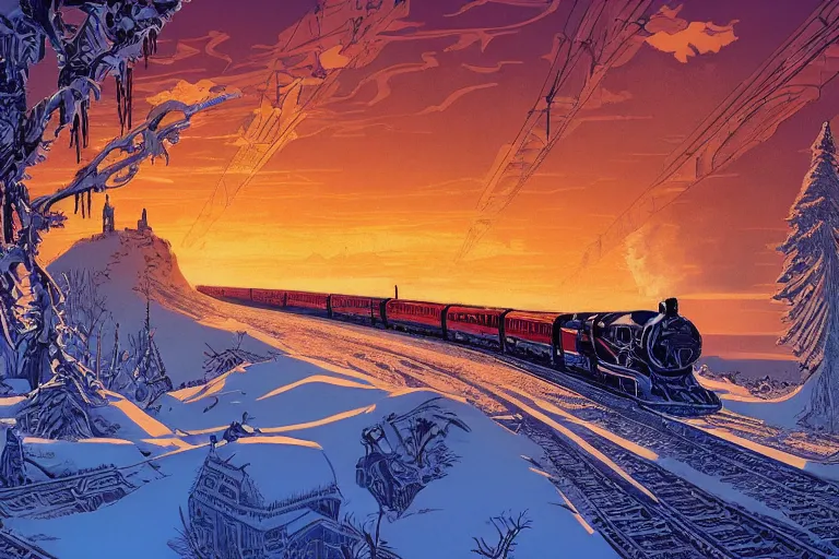 Image similar to trans - siberian express train illustration by joe fenton and syd mead and p. craig russell and barry windsor - smith, artstation, 4 k, graphic novel, concept art, matte painting, beautiful russian winter landscape sunset background, golden hour, art nouveau