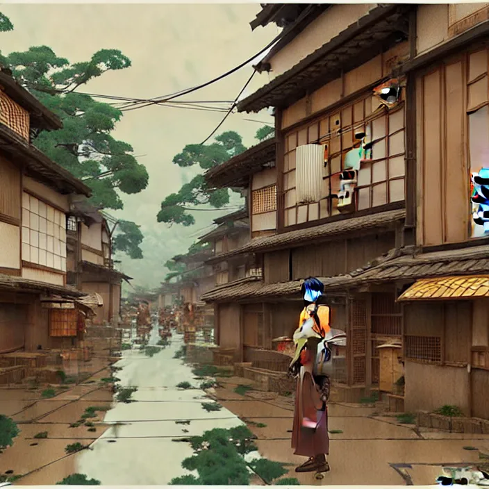 Image similar to japanese rural town, rain, in the style of studio ghibli, j. c. leyendecker, greg rutkowski, artem
