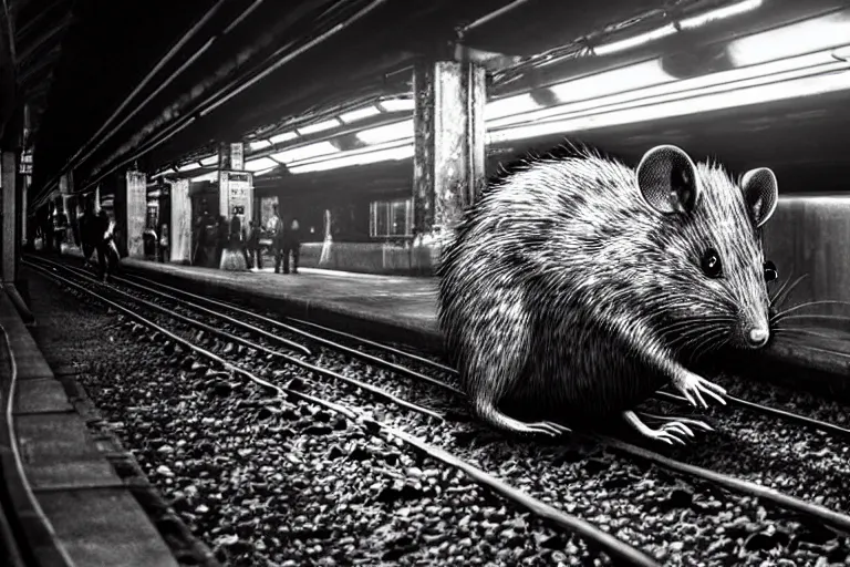 Image similar to very large giant mutant zombie irradiated rat sraying on railways in tonnel of moscow subway. extreme high detail. low dark light, scary atmosphere.