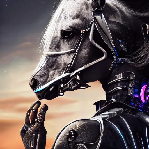 Image similar to photorealistic detailed picture, extreme, uhdr, woman, horse, ride, cyborg, sci fi, cyberpunk lighting, fine details, highly detailed, intricate, smooth sharp focus