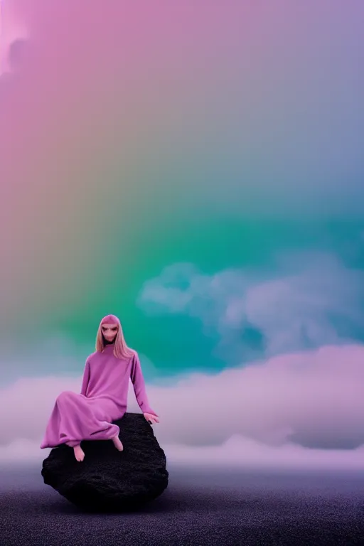 Image similar to high quality pastel coloured film close up wide angle photograph of a model wearing clothing swimming on cloud furniture in a icelandic black rock!! environment in a partially haze filled dreamstate world. three point light, rainbow. photographic production. art directed. pastel colours. volumetric clouds. pastel gradient overlay. waves glitch artefacts. extreme facial clarity. 8 k. filmic.