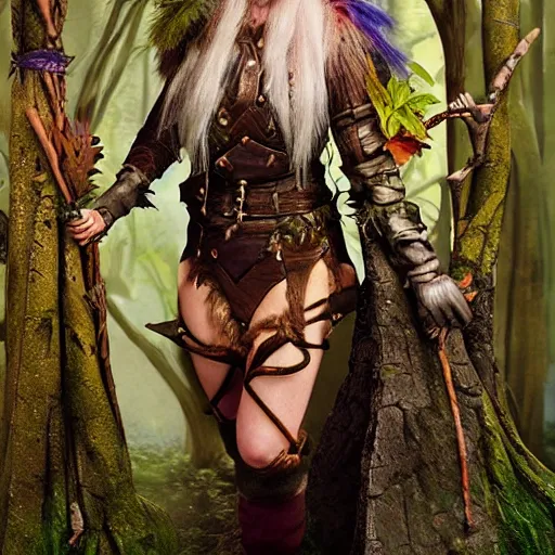 Prompt: a dnd deep gnome druid with leather clothing and leaves and sticks in her hair, photo by cindy sherman