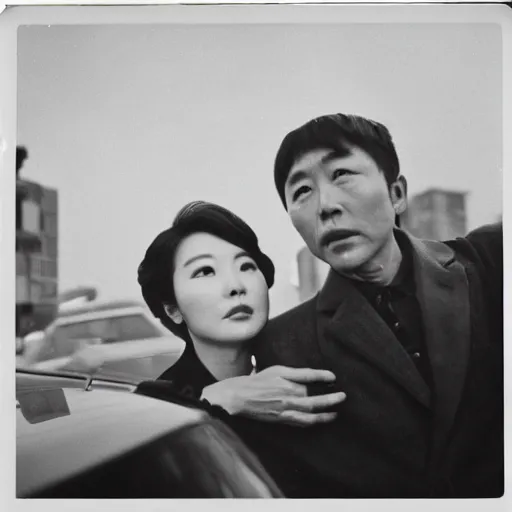 Image similar to 1960s press archive of the actress Choi Eun-Hee and director Shin Sang-ok coming out of a car, faces obscured, Reuters, 35mm film, film grain, mysterious exterior, underexposed