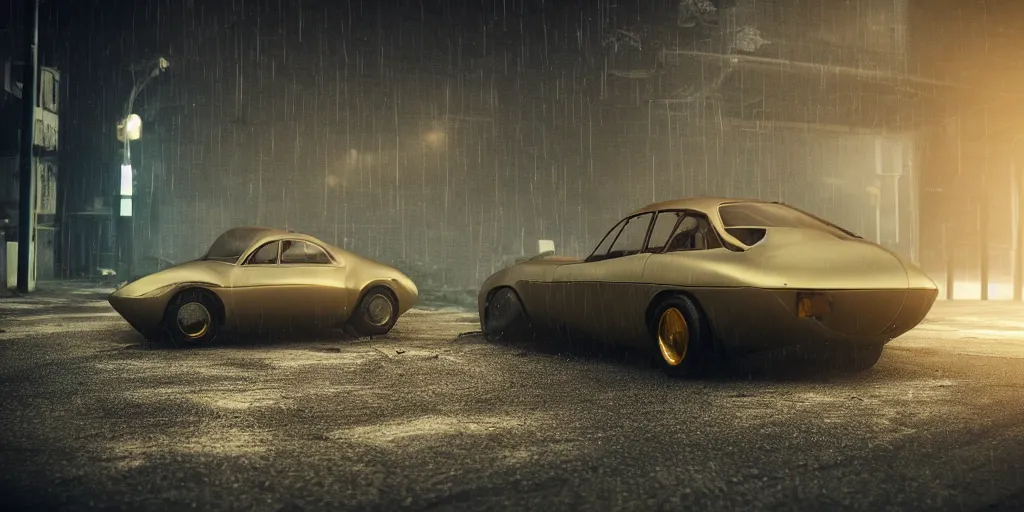 Image similar to parked fallout 5, retro futuristic vintage polished sports car, fog, rain, volumetric lighting, beautiful, golden hour, sharp focus, highly detailed, cgsociety