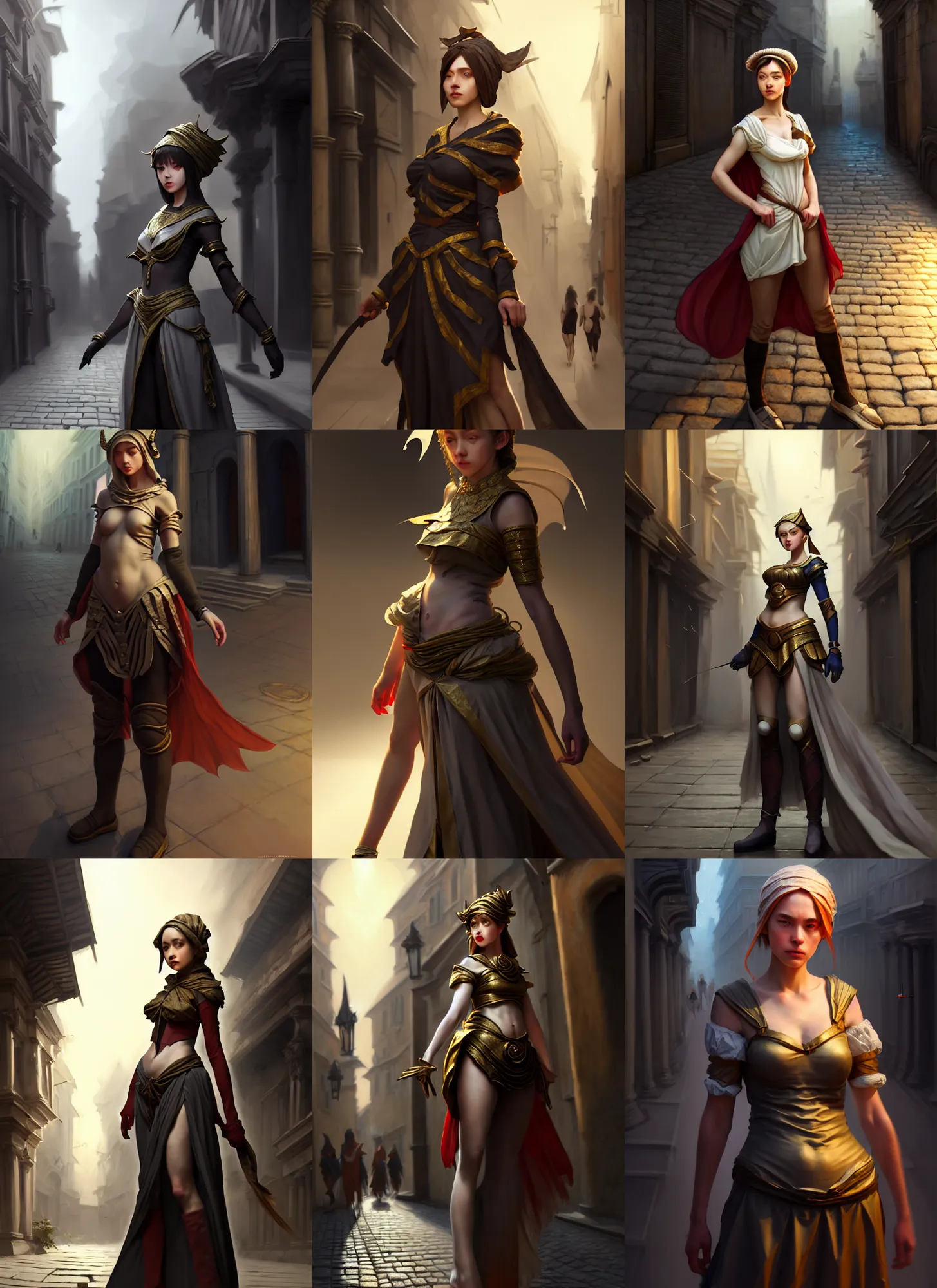 Prompt: costume design from mosquito designers, sophisticated composition, old masters light composition, procedurally generated, epic drama girl character posing for concept art, ancient city streets behind her, substance designer, PBR, HD, Ultra detailed, hyperrealistic, megascans, volumetric light, concept by master artist, made in paint tool SAI2, trending pixiv face