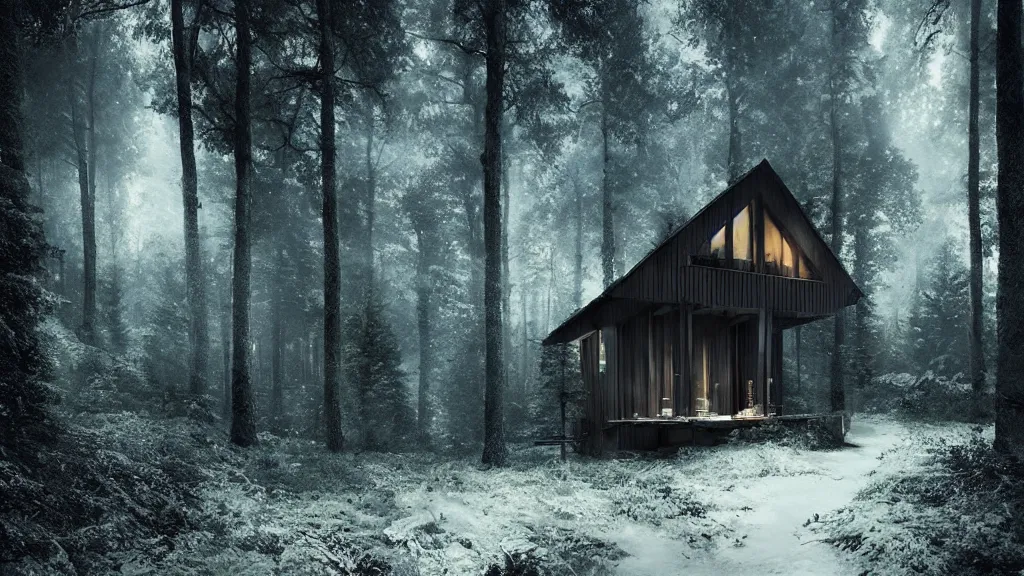 Image similar to [ a cabin in the woods. ] artgerm, mikko lagerstedt, zack snyder, tokujin yoshioka