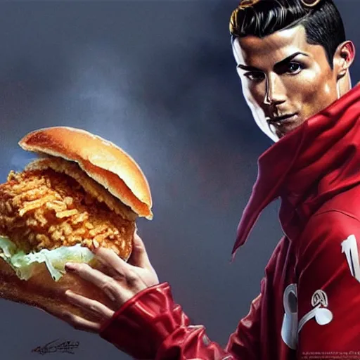 Cristiano Ronaldo eating a mighty zinger from KFC, | Stable Diffusion ...