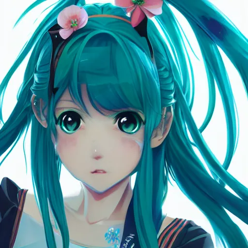 Image similar to anime portrait of Hatsune Miku, long hair, double tail, watery eyes, by Stanley Artgerm Lau, WLOP, Rossdraws, James Jean, Andrei Riabovitchev, Marc Simonetti, and Sakimichan, trending on artstation