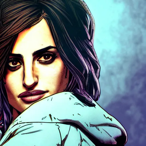 Image similar to penelope cruz portrait, borderlands, tales from the borderlands, the wolf among us, comic, cinematic lighting, studio quality, 8 k