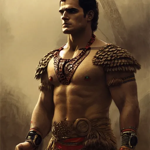 Image similar to henry cavill as an aztec warrior, athletic, face paint, muscular, intricate, highly detailed, digital painting, artstation, concept art, sharp focus, illustration, art by greg rutkowski and alphonse mucha