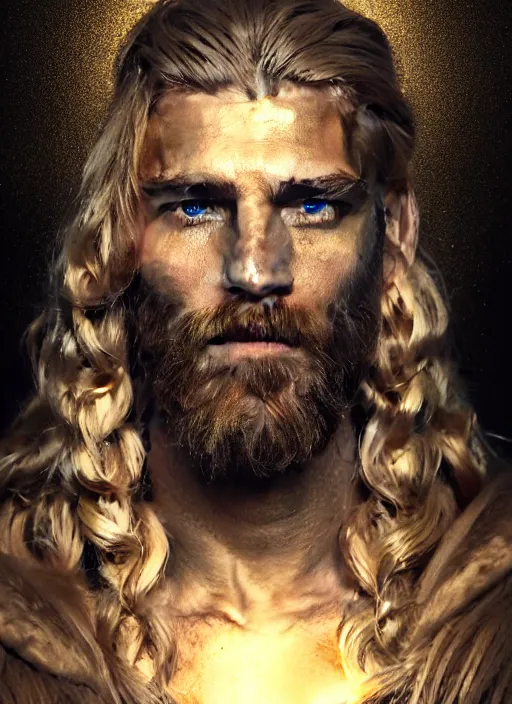Prompt: portrait of a spartan hoplite hero, long blond hair and beard, perfect facial symmetry + dim volumetric lighting, 8k octane beautifully detailed render, post-processing, extremely hyperdetailed, intricate, epic composition, grim yet sparkling atmosphere, cinematic lighting + masterpiece, trending on artstation
