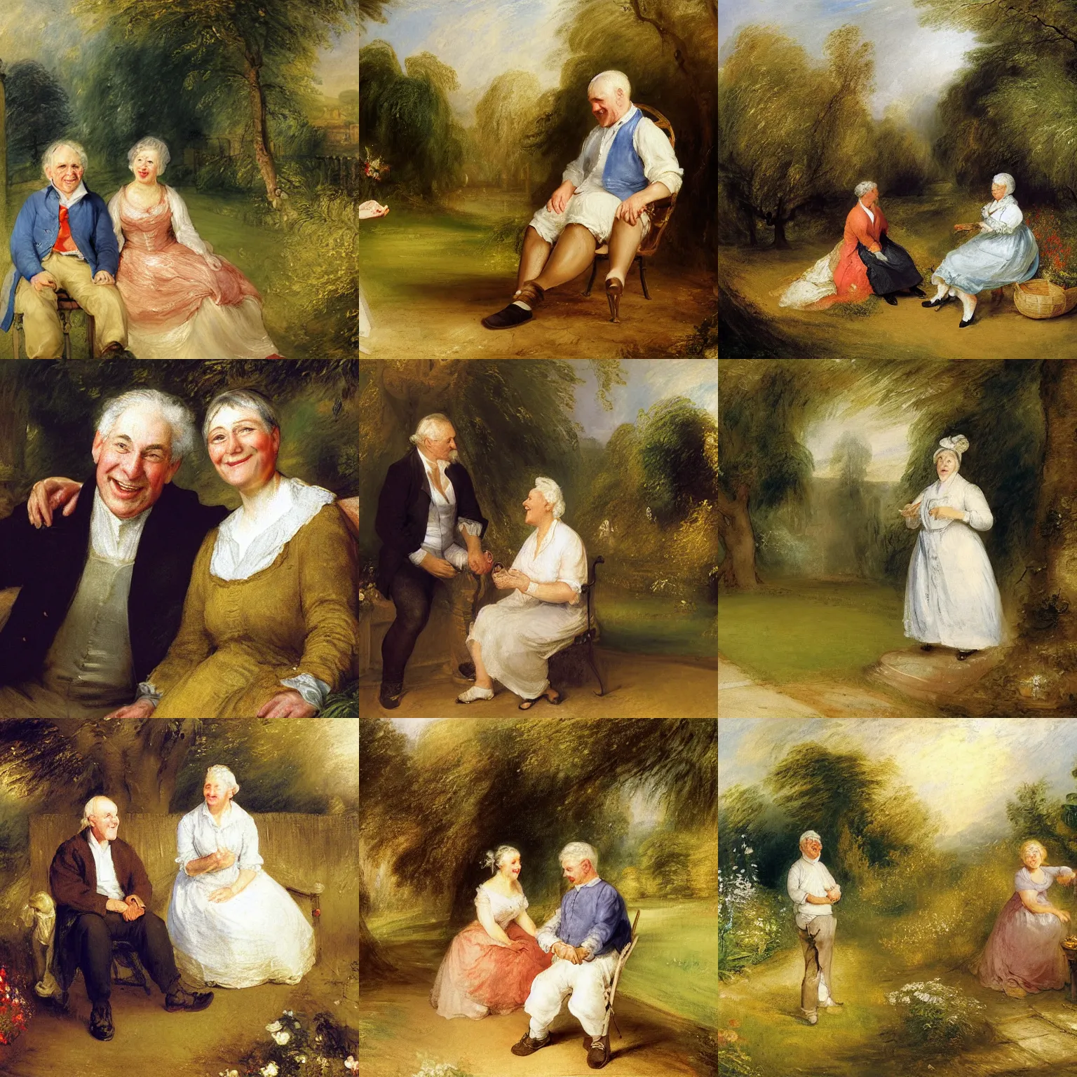 Prompt: a painting of a happy 60 year old man and a happy 60 year old woman sitting in a garden together, by william turner