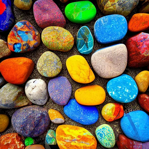 Prompt: colorful rocks, overhead photography