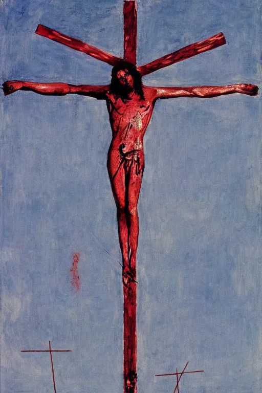 Image similar to bloody christ crucified and some bright ufo in the sky painted by cy twombly and andy warhol