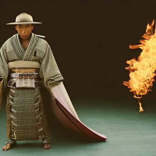 Image similar to cinematic film still Pharrell Williams starring as a Samurai holding fire, Japanese CGI, VFX, 2003, 40mm lens, shallow depth of field,film photography