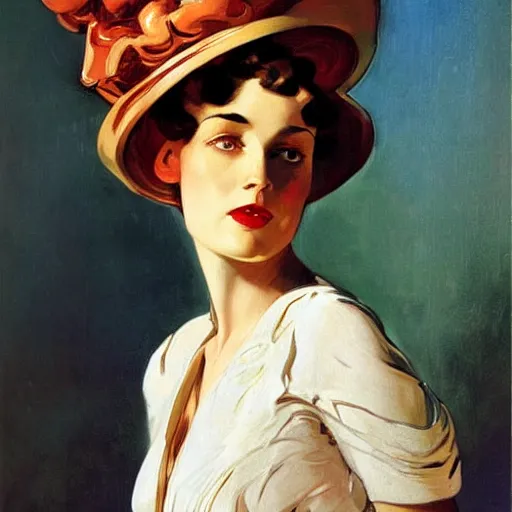 Prompt: woman with a giant, ridiculous hat, by j. c. leyendecker