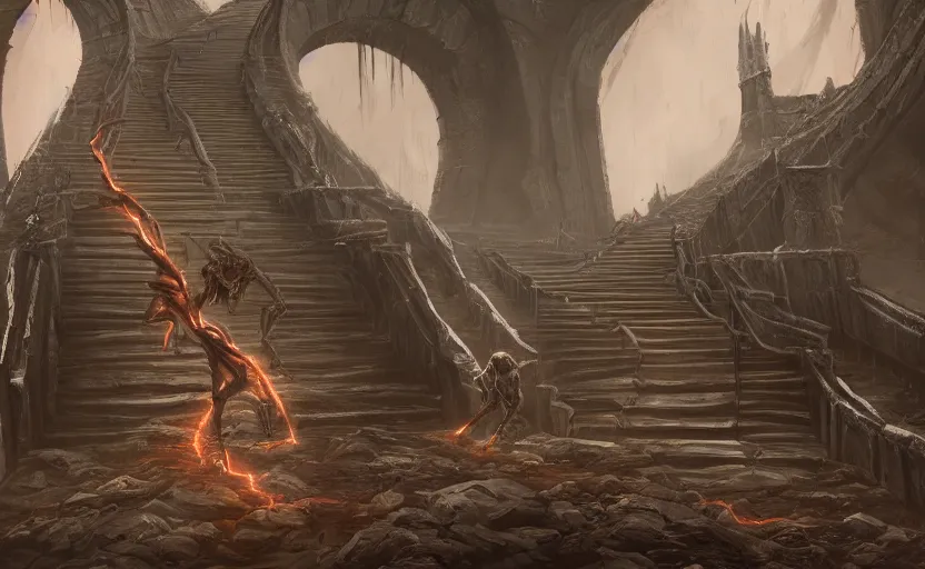 Prompt: an infinitely long wretched winding crooked staircase leading down into the depths of hell, trending on artstation, doom eternal, dark souls