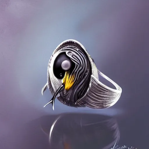 Image similar to silver ring with an abstract bird with a black gem on it's back it, highly detailed, digital painting, trending on artstation, concept art, sharp focus, illustration, art by artgerm and greg rutkowski and magali villeneuve