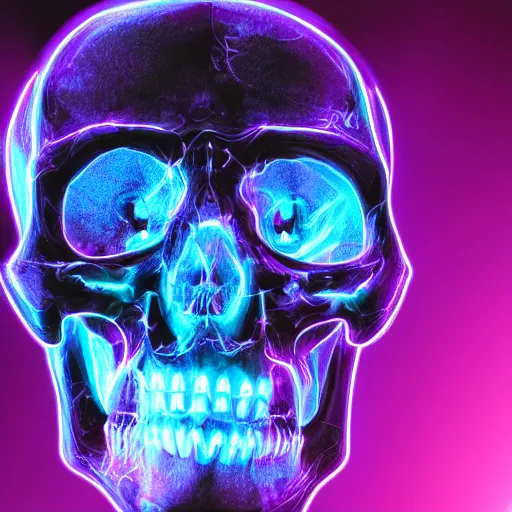 Prompt: cybernetic human scull with with horns , blue neon light and smoke and purple lighting