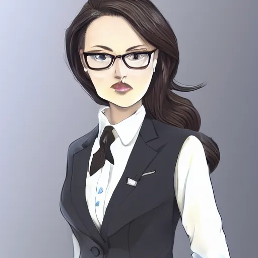 Image similar to woman in black business suit, chill, light brown neat hair, pixiv, fanbox, trending on artstation, portrait, digital art, modern, sleek, highly detailed, formal, serious, determined, blue tie, competent, colorized, smooth, charming, pretty, safe for work