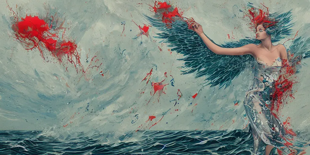 Image similar to an elegant angel surfacing out of the sea, thunderstorm, art by james jean, graffiti, liquid, splatter paint