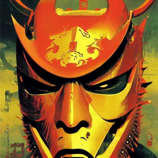 Prompt: samurai mask on hell by john berkey, mario feng, mohamed reda, victo ngai, andreas rocha, john harris