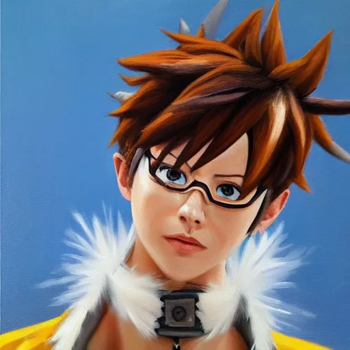 Prompt: oil painting of tracer overwatch in a field wearing spiked collar around neck, in style of steve henderson, expressive face, detailed face, detailed eyes, full body, feminine face, tracer overwatch,