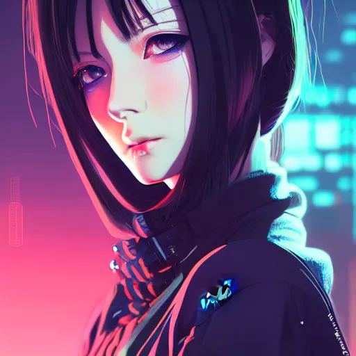 Image similar to by kyoto animation, cool girl wearing cyberpunk intricate streetwear, beautiful, detailed symmetrical close up portrait, intricate complexity, in the style of artgerm and ilya kuvshinov, cell shaded, 4 k, concept art, by wlop, krenz cushart, greg rutkowski, pixiv. cinematic dramatic atmosphere, cinematic lighting, studio quality