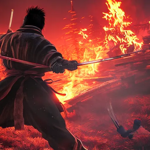 Image similar to japanese ninja boss inspired from sekiro shadows die twice near a camp fire, evening time, digital illustration, highly detailed art, 8k image quality, full body camera shot