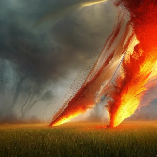 Image similar to a tornado made of fire on a field, au naturel, hyper detailed, digital art, trending in artstation, cinematic lighting, studio quality, smooth render, unreal engine 5 rendered, octane rendered, art style by klimt and nixeu and ian sprigger and wlop and krenz cushart