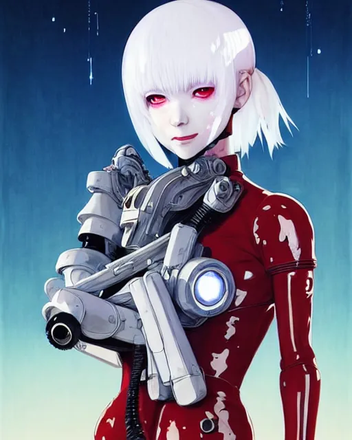 Image similar to white haired cyborg girl wearing a gas mask and red dress | | audrey plaza, warframe armor, fine detail!! anime!! realistic shaded lighting!! poster by ilya kuvshinov katsuhiro otomo ghost - in - the - shell, magali villeneuve, artgerm, jeremy lipkin and michael garmash and rob rey