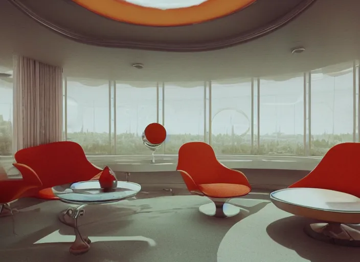 Prompt: a 1 9 7 0 s interior room googie architecture, highly detailed hyper real retro interior house, round windows, curved ceilings, retro futuristic, funky moon base interior lighting, artstation, octane, retro furniture, windows to city, television, retrocore, vray render 4 k by stanley kubrick