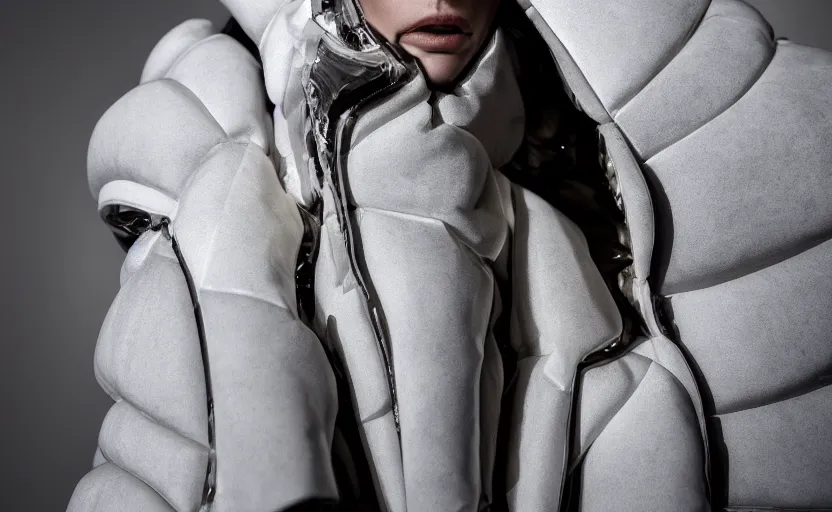 Image similar to well lit fashion photo of extremely beautiful female marble statue wearing huge over size asymmetrical puffer jacket with complex asymmetrical holes and openings, a deconstructed puffer jacket, futuristic outerwear, balenciaga, a cold wall, sharp focus, clear, detailed,, cinematic, romantic, detailed, glamourous, symmetrical, vogue, editorial, fashion, magazine shoot, glossy